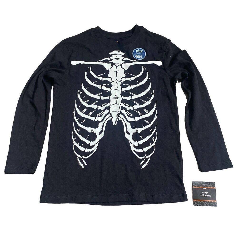 Child’s Halloween Skeleton Bones Black Long Sleeve T-Shirt Size M NWT